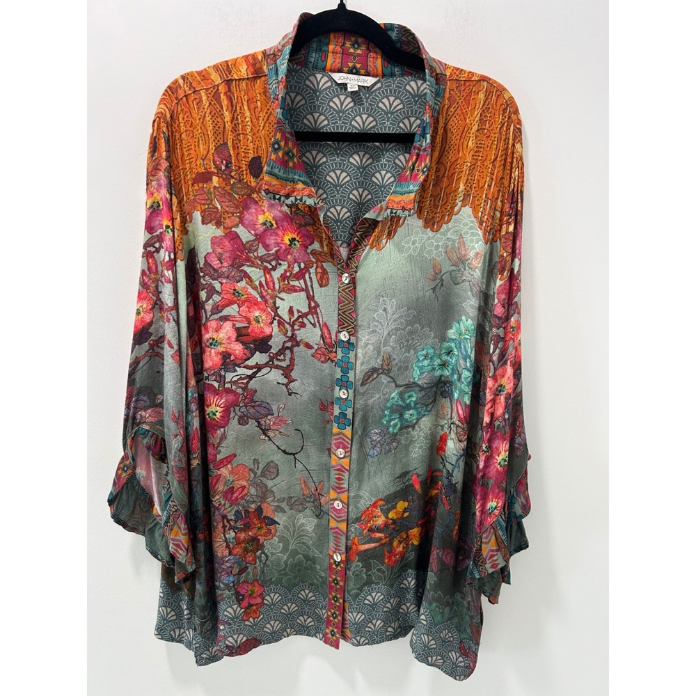 John Mark Womens 3X Floral Geometric Mixed Print Button Down Blouse Top Boho
